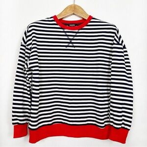 Nautical Oversized Navy and White Striped‎ Crewneck Sweater Red Trim Size XS